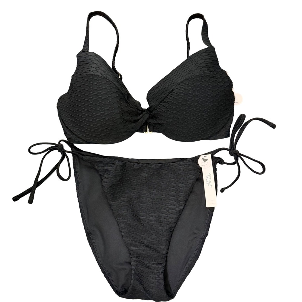 Victoria's Secret Black Textured Push Up Bikini Set‎ 34D Top Large Cheeky Bottom